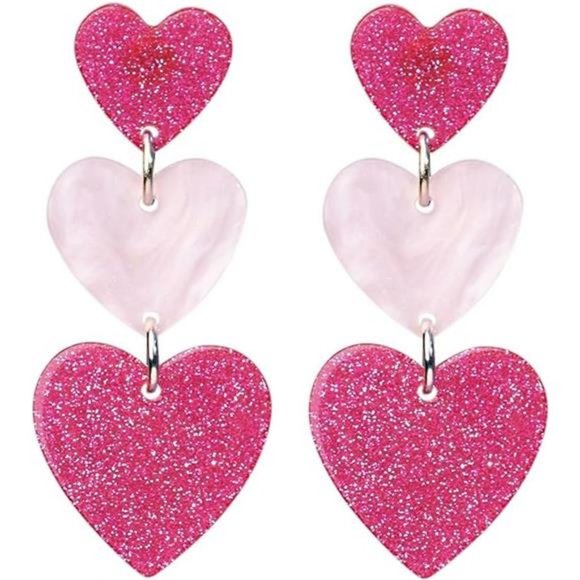 Heart Earrings Dangle Drop Dangling Ladies Girl Pink Valentines Jewelry Gift - Picture 3 of 10